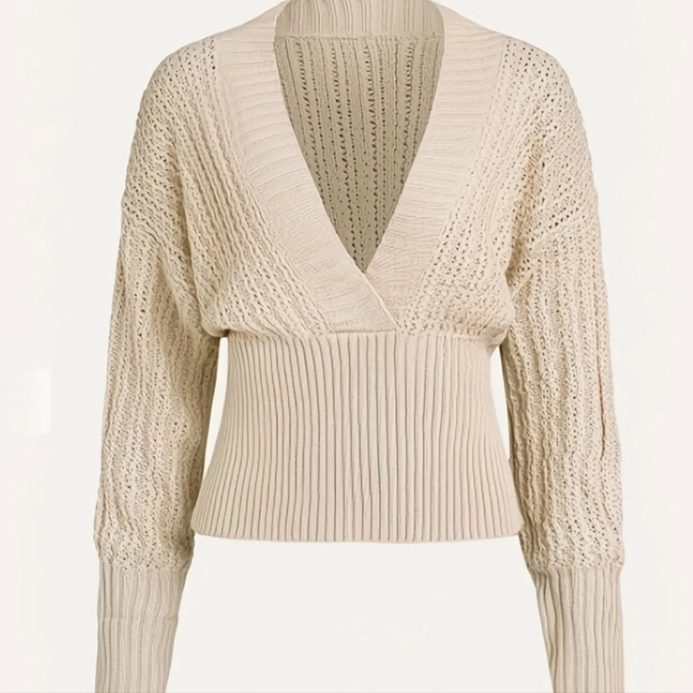 NEW- Gorgeous Open Knit Sweater Long Sleeves V- Neck in Cream/ Beige color - Picture 3 of 9